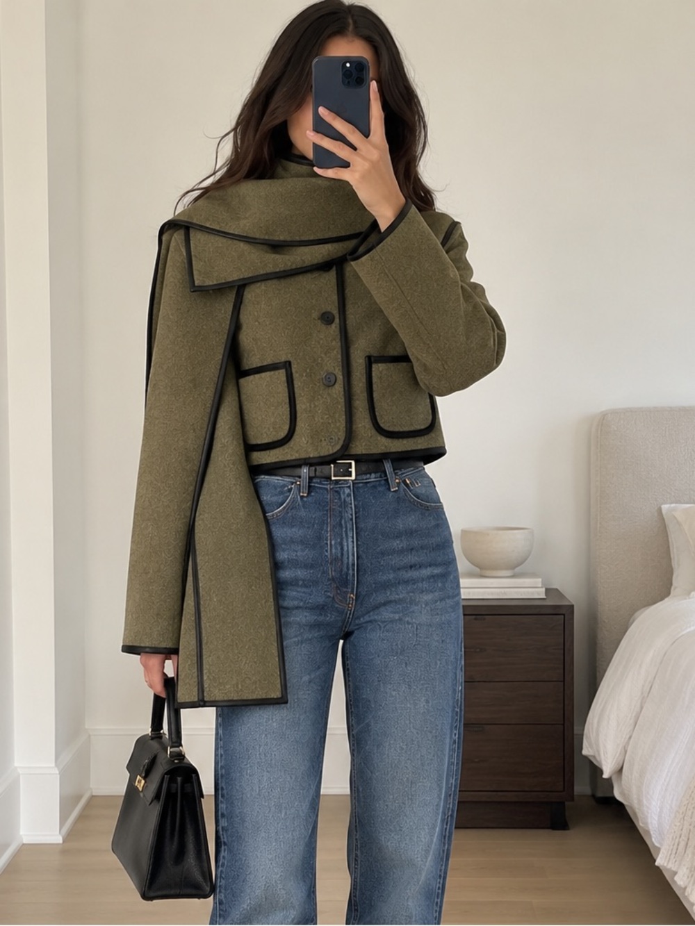 Moon River Faux Leather Trim Cropped Jacket Olive Green Matching Scarf Size M